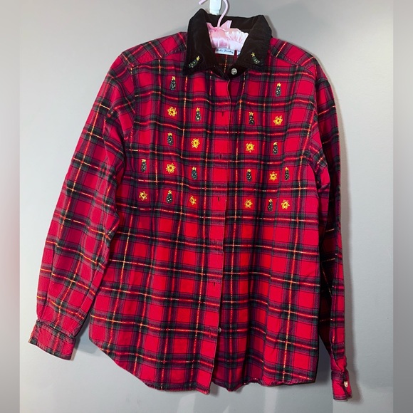 Bobbie Brooks Vintage Christmas Plaid Shirt Velvet Collar Embroidered Trees - Picture 2 of 11
